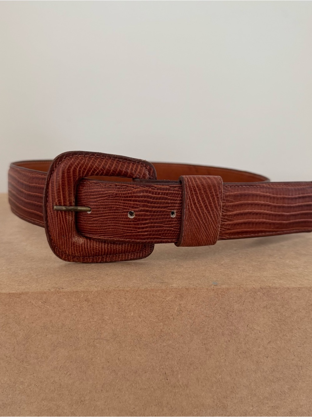Vintage Lizard Embossed Leather Covered Buckle Belt Quiet Luxury Cognac Brown